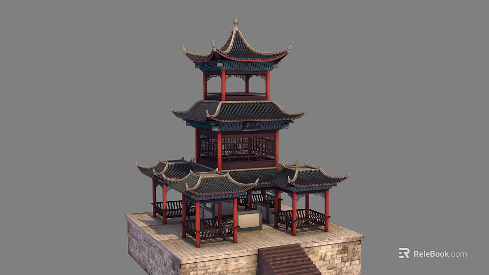 Traditional Chinese Multi tiered Pavilion With Curved Eaves Red Pillars Black Roof And Stone Steps 3d model 