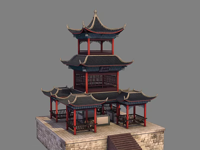 Traditional Chinese Multi tiered Pavilion With Curved Eaves Red Pillars Black Roof And Stone Steps 3d model