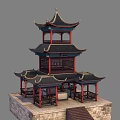 Traditional Chinese Multi tiered Pavilion With Curved Eaves Red Pillars Black Roof And Stone Steps