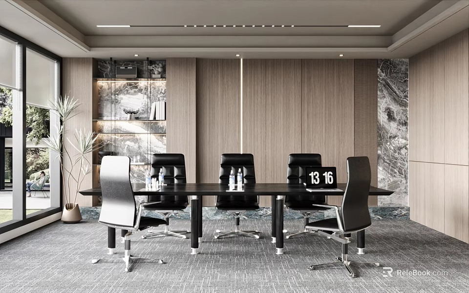 Modern Conference Room Interior Design With Long Table Black Chairs Marble Wall And Plant 3d model 
