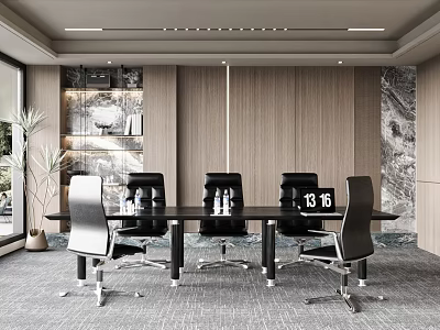 Modern Conference Room Interior Design With Long Table Black Chairs Marble Wall And Plant 3d model