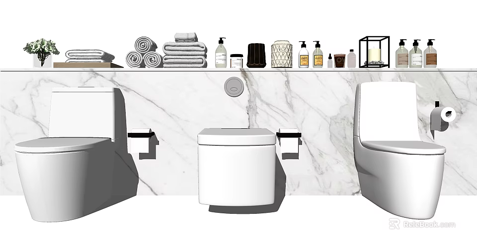 Modern Toilet in Bathroom with Marble Wall Shelf Towels and Toiletries 3d model 