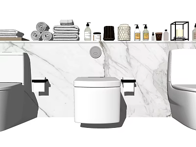 Modern Toilet in Bathroom with Marble Wall Shelf Towels and Toiletries 3d model
