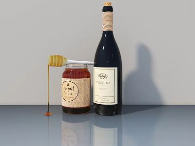 Wild Bee Honey Jar With Drizzling Spoon And Vino Wine Bottle On Table 3d model