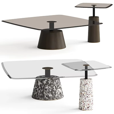 Modern Coffee Table Featuring Glass Top And Dual Wooden Patterned Pedestal Bases 3d model