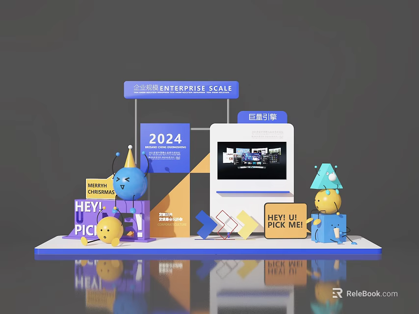 Vibrant 2024 Photo Check-in Spot with HEY PICK Cartoon Characters Geometric Decorations Screen and Signage 3d model 