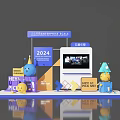 Vibrant 2024 Photo Check-in Spot with HEY PICK Cartoon Characters Geometric Decorations Screen and Signage
