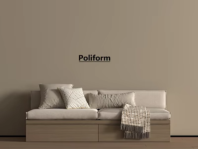 Poliform Banquette Sofa With Decorative Pillows And Blanket In Beige Wall Interior 3d model