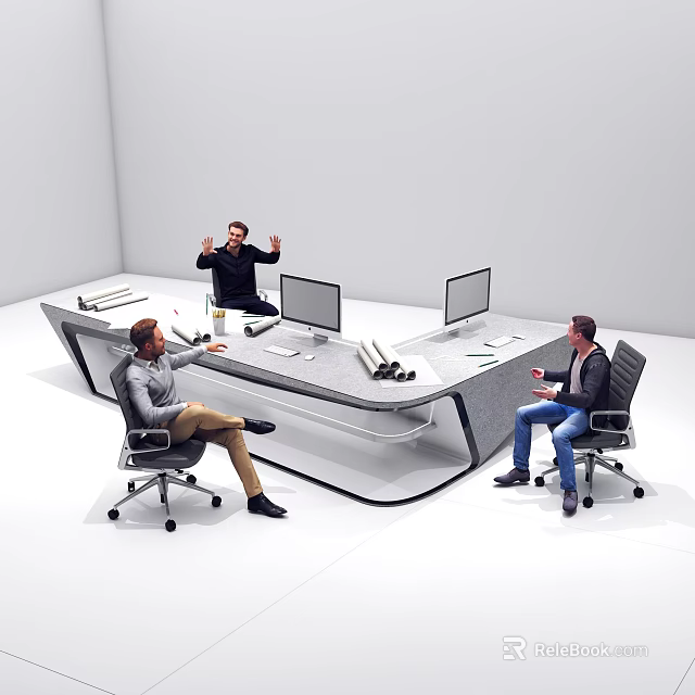 Three People Having Discussion In Modern Office Setup 3d model 