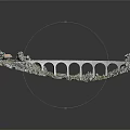 Stone Arch Bridge Model With Green Vegetation Hills And Red Roof Building