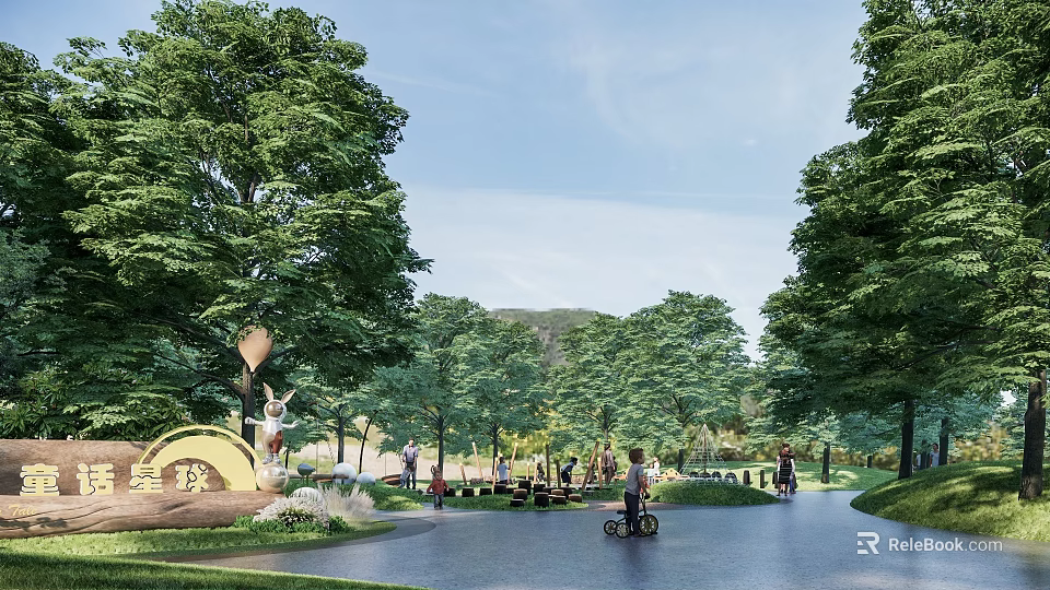 Outdoor Children's Play Area With Lush Trees Green Lawn Kids Bicycling And Decorative Sculpture 3d model 