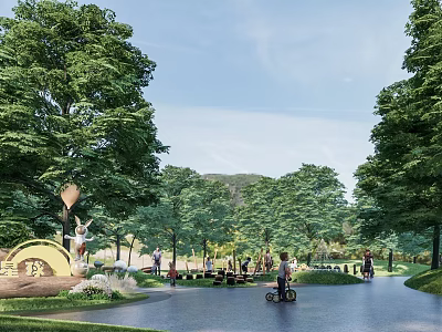 Outdoor Children's Play Area With Lush Trees Green Lawn Kids Bicycling And Decorative Sculpture 3d model