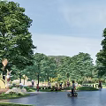 Outdoor Children's Play Area With Lush Trees Green Lawn Kids Bicycling And Decorative Sculpture