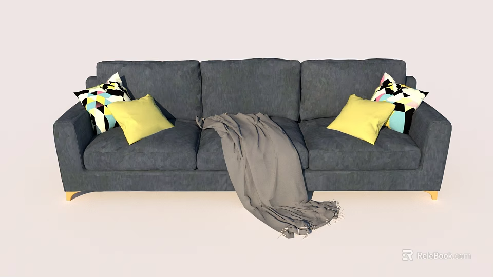 Gray Three Seater Sofa With Yellow And Geometric Patterned Pillows And Gray Throw Blanket 3d model