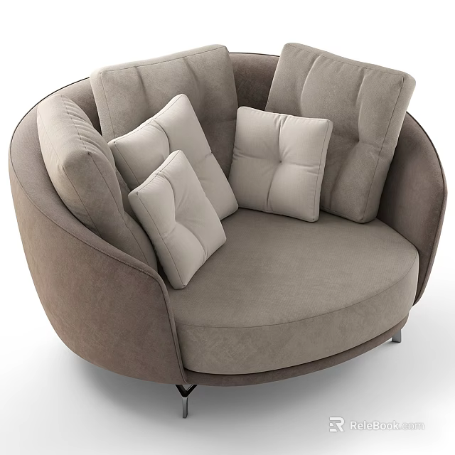 Modern Beige Fabric Single Seater Sofa With Round Design And Button Tufted Square Cushions 3d model 