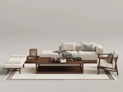 Modern Living Room Interior With Beige Sofa Wooden Coffee Table Rug And Armchair 3d model