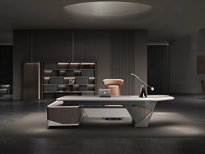 Modern Office Interior With Desk Bookshelf Chair And Round Ceiling Light 3d model
