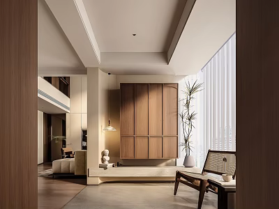 Minimalist Entryway Hallway With Wooden Cabinet Potted Plant And Natural Light 3d model