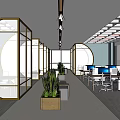 Open Public Office Space with Modern Desks Computers Green Plants Large Windows and Bright Lighting