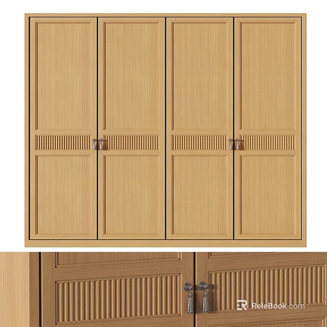 Modern Wooden Four Door Wardrobe With Lattice Design And Storage Space 3d model 