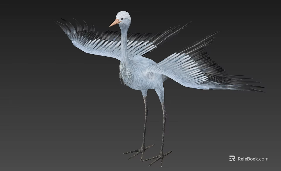 Flying Animal Crane With Spread Wings White Head And Orange Beak Gray Body Long Legs 3d model 
