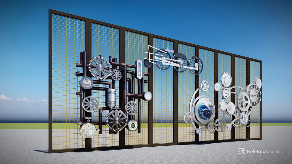 Brand Logo Metal Grid Wall Installation With Gears Mechanical Parts And Globe Design 3d model 