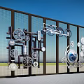 Brand Logo Metal Grid Wall Installation With Gears Mechanical Parts And Globe Design