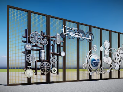 Brand Logo Metal Grid Wall Installation With Gears Mechanical Parts And Globe Design 3d model