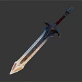 Fantasy Sword With Metallic Blade Red Hilt And Blue Decorative Design
