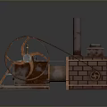 Vintage Mechanical Device Featuring Large Wheel Chimney Brick Structure And Metal Components 3d model