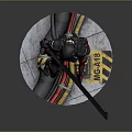 Military Character Statue In Black Red Armor With Long Weapon Barrel On Circular Base