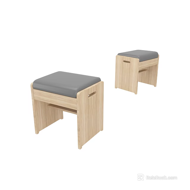 Two Modern Wooden Stools With Gray Padded Seats And Simple Design 3d model