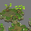Cartoon Scene with Floating Islands Green Grass Trees and Rock Edges Connected by Paths