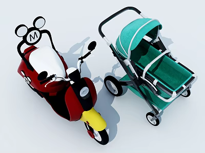 Red Children's Bicycle With Mickey Mouse Logo And Green Baby Stroller 3d model