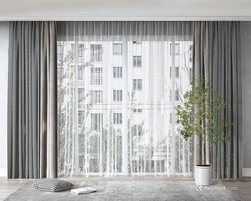 Gray Plaid Curtains And White Sheer Drapes With Indoor Plant By Window Showing Buildings Outside 3d model 