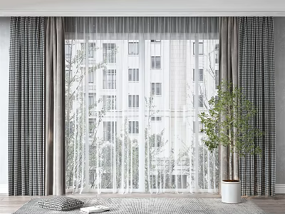 Gray Plaid Curtains And White Sheer Drapes With Indoor Plant By Window Showing Buildings Outside 3d model