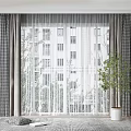 Gray Plaid Curtains And White Sheer Drapes With Indoor Plant By Window Showing Buildings Outside
