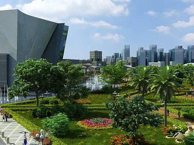 Urban Park Landscape with Modern City Buildings Lush Greenery Colorful Flowers and Trees for Leisure 3d model