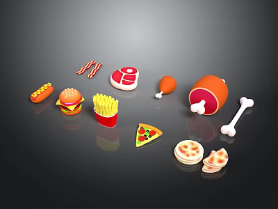 Assorted Food Items Including Hot Dog Burger Fries Pizza and Meat Products 3d model