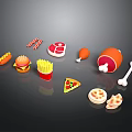 Assorted Food Items Including Hot Dog Burger Fries Pizza and Meat Products