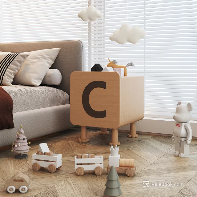 Wooden Bedside Table with Letter C in Cozy Kids Room with Toys 3d model 