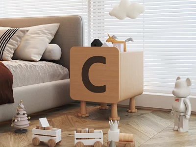 Wooden Bedside Table with Letter C in Cozy Kids Room with Toys 3d model