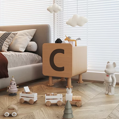 Wooden Bedside Table with Letter C in Cozy Kids Room with Toys 3d model