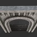 Classical Stone Entrance Gate with Arched Top Decorative Grille and Carved Frame