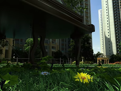 Beautiful Piano And Art Paintbrushes In Garden With Fresh Flowers And Green Grass 3d model