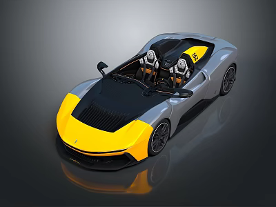 Sleek Yellow And Black Convertible Sports Car With Two Seats On Gray Background 3d model