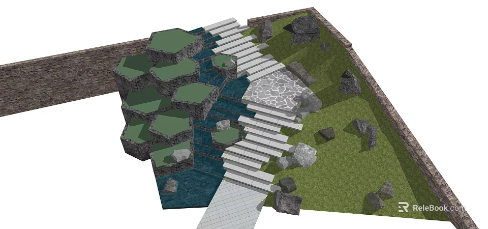 Outdoor Stone Stairs With Rock Features Water Pool And Green Lawn Design 3d model 