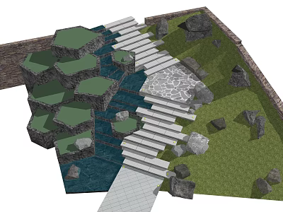 Outdoor Stone Stairs With Rock Features Water Pool And Green Lawn Design 3d model