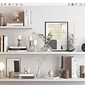 Decorative Ornament Combination With Books Sculptures Candle Holders Vase Picture Frame On White Shelves
