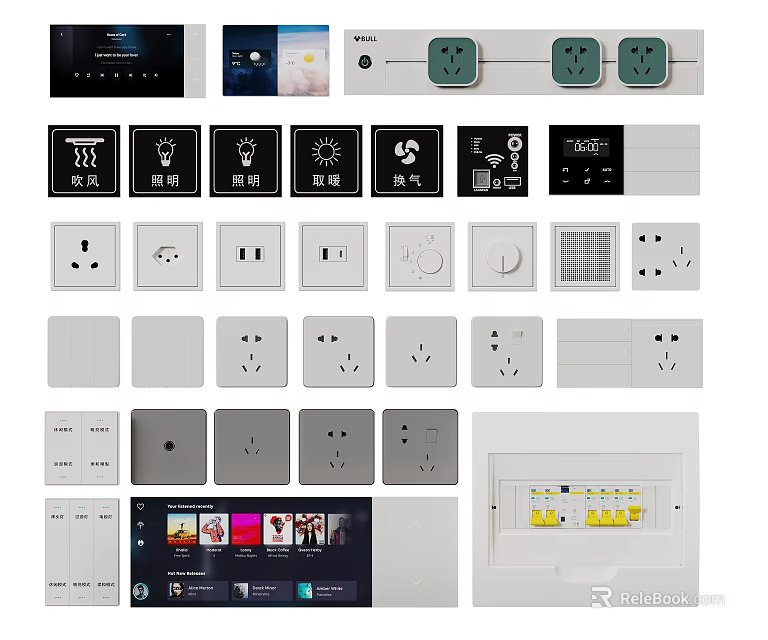 Modern Switch Panels With Diverse Designs USB Ports WiFi And Indicator Lights 3d model 